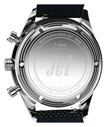 Rear view of the Timex Marlin Jet Chronograph showing its stainless-steel caseback