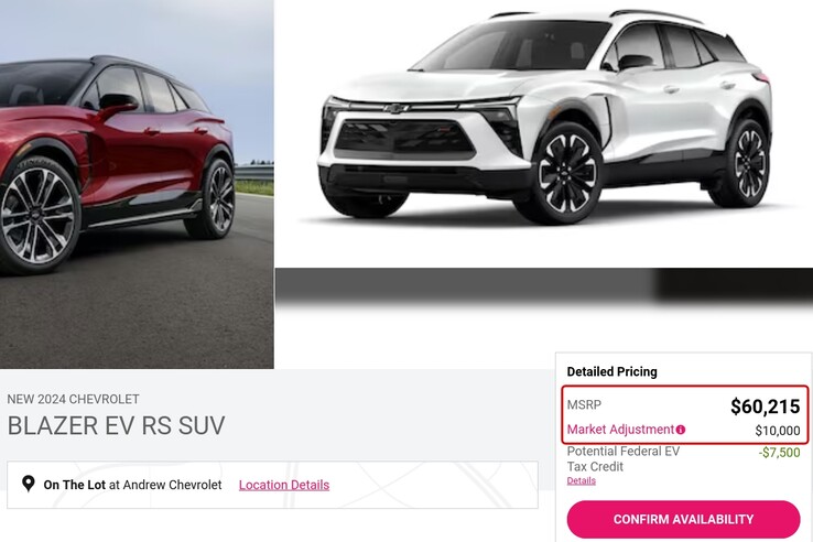 Many dealers do not have prices for the Blazer EV listed just yet, but some of those that do are adding exorbitant markups. (Image source: Screenshot, Andrew Chevrolet)