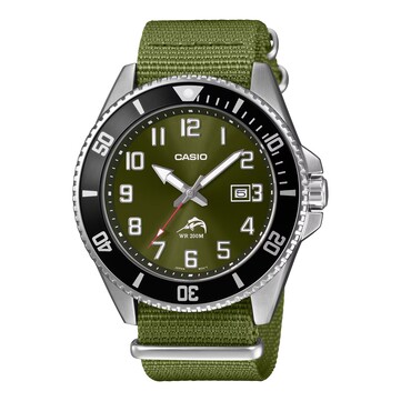 Casio Duro MDV106C-3AV dive watch with an olive-green sunray dial, bold Arabic numerals, black bezel, stainless-steel case, and matching green fabric strap.