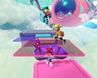 Popucom screenshot with characters on platforms in clouds solving puzzles