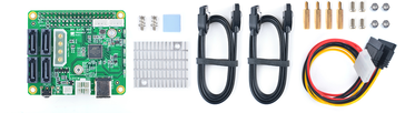 The SATA HAT expansion board comes with a heatsink, paste, SATA cables along with corresponding screws and nuts (Image source: FriendlyElec)