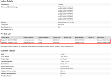 The Galaxy A41's latest certification. (Source: Bluetooth SIG via MySmartPrice)