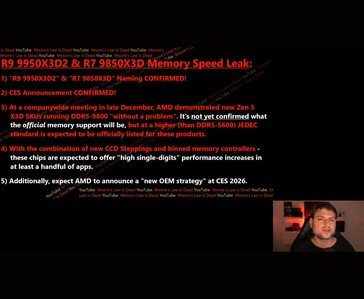 Slide from Moore’s Law Is Dead video summarizing leaks around AMD Zen 5 X3D CPUs, including reported DDR5-9800 memory testing and CES 2026 plans (Image source: Moore’s Law Is Dead / YouTube)