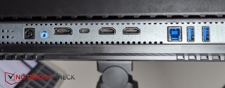 From left to right: AC, Audio Out, DisplayPort, USB-C, 2x HDMI, USB-B, 2x USB-A