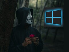 A person wearing a Guy Fawkes mask looking at a Windows logo (Image source: Peakpx and Ahmed Zayan via Unsplash; edited)