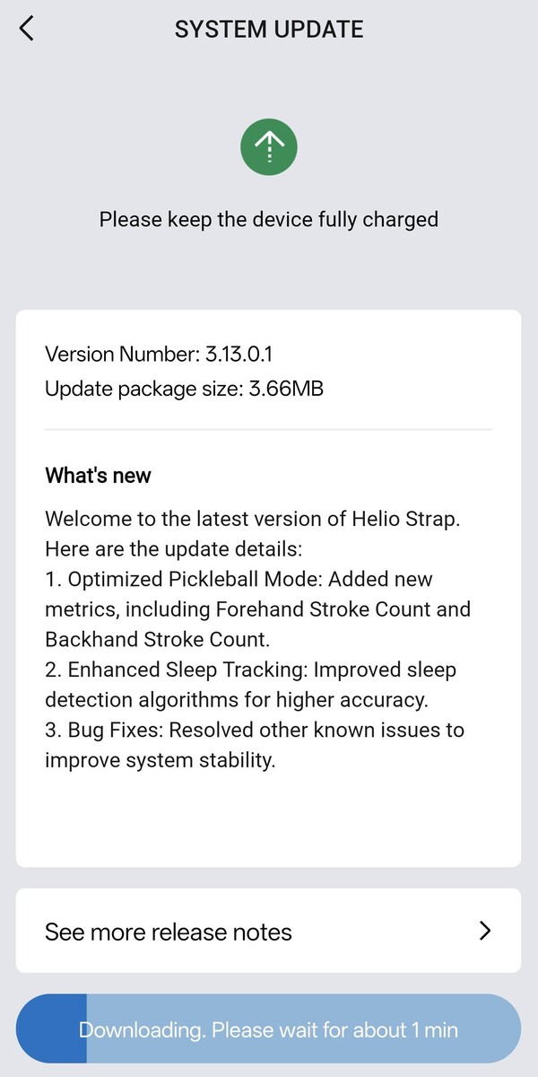 The release notes for Amazfit’s Helio Strap firmware v 3.13.0.1