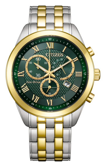 Citizen AT2604-56X Eco-Drive chronograph with an emerald green textured dial, gold-tone bezel and Roman numerals, and a two-tone stainless steel bracelet.