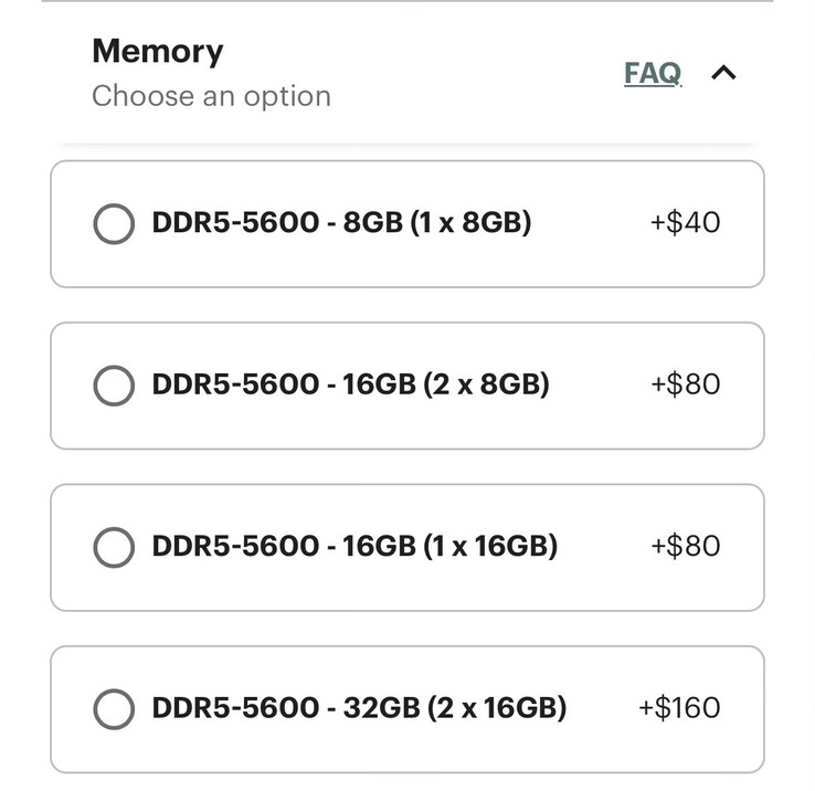 Framework's memory pricing. (Image source: Framework on X)