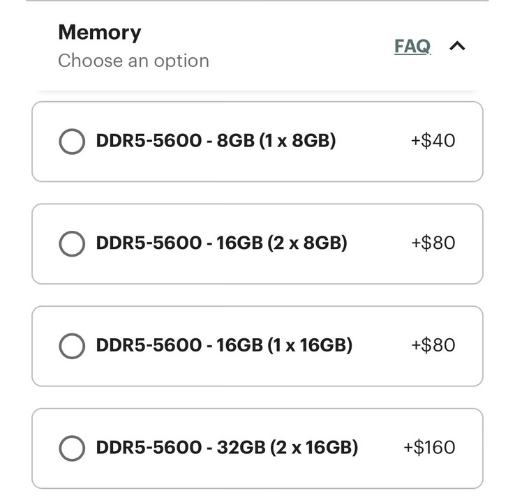 Framework's memory pricing. (Image source: Framework on X)
