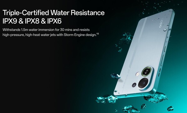 The Oppo K13 Turbo series smartphones are triple certified for water resistance. (Image source: Oppo)