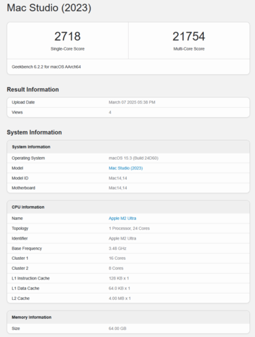 Apple M2 Ultra Geekbench CPU score (image score Geekbench)