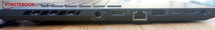 Left: AC, HDMI 2.1 TMDS, GigabitLAN, USB-A 3.2 Gen2, USB-C/Thunderbolt 4 (incl. DP and PD), USB-C 3.2 Gen2 (incl. DP and PD), headset port