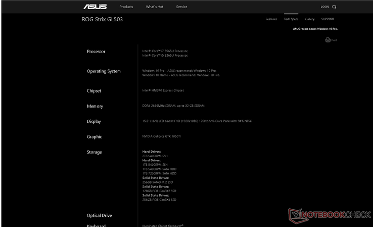 Screencap of ROG GL503 with Core i5-8265U and Core i7-8565U options