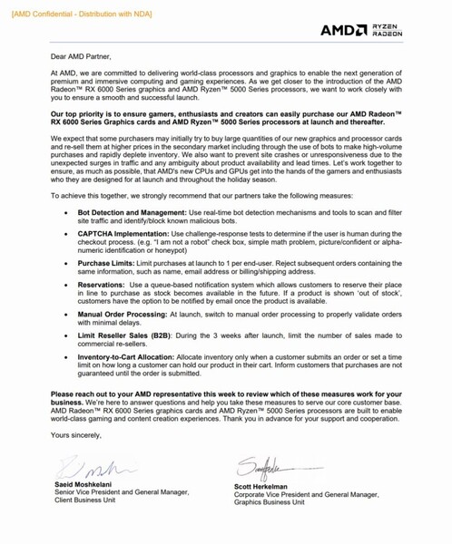 The letter that AMD circulated to board partners ahead of the RX 6000 series launch. (Image source: AMD)