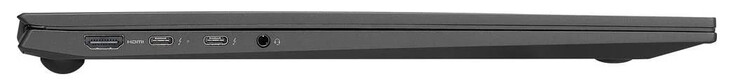 Left side: HDMI, 2x Thunderbolt 4 (USB-C; Power Delivery, DisplayPort), combo audio