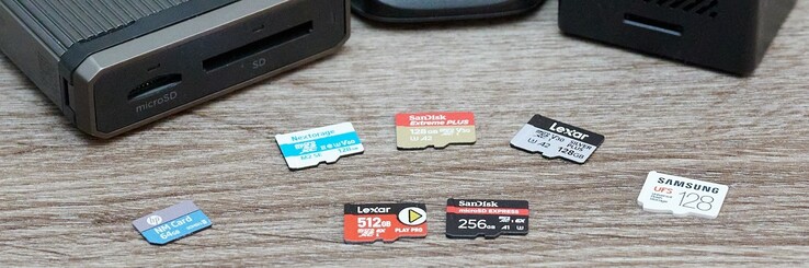 The test field: Two MicroSD Express cards against three UHS cards. The Sony Tough is missing, as it was used for shooting. Outside: Two likewise comparatively new memory card formats that were unable to assert themselves. (Image source: Andreas Sebayang/N