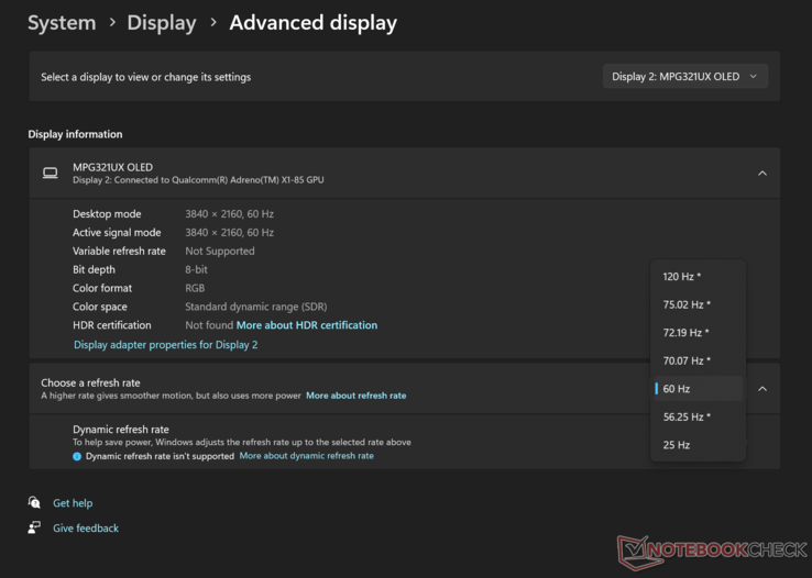 The XPS 13 9345 offers a peak 120 Hz refresh rate but only at 1440p. (Image source: Notebookcheck)