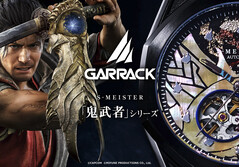 GARRACK Onimusha mechanical watch promotional image featuring Musashi Miyamoto and a detailed automatic watch dial