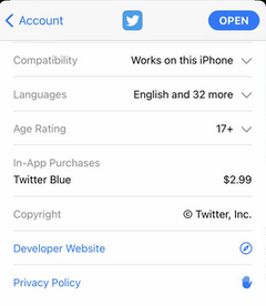 Twitter Blue, a paid tier of Twitter, may be on the way. (Image via Jane Manchun Wong on Twitter)