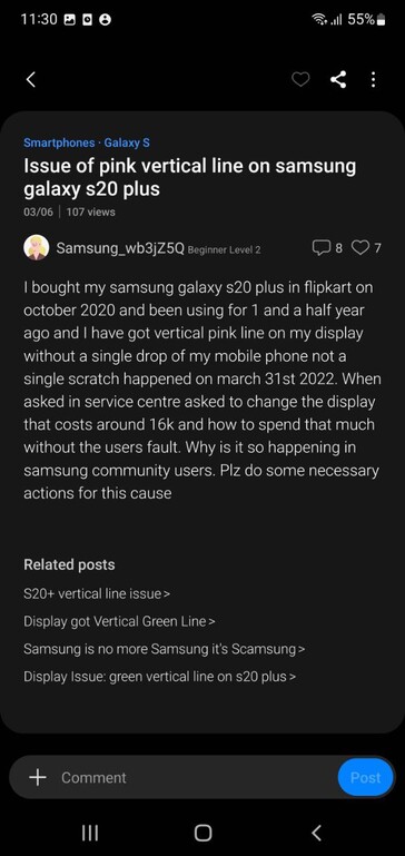 Users complaining about Galaxy S20 Plus display issues on Samsung Members (image via own)