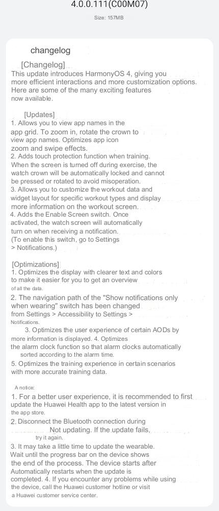 The changelog for update version 4.0.0.111(C00M07) for the Huawei Watch GT 3 Pro. (Image source: Huawei.blog/Google Translate)