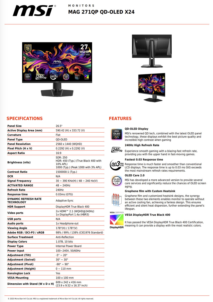 MSI MAG 271QP X24: New affordable 27-inch OLED gaming monitor