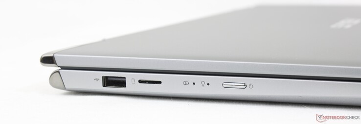 Left: USB-A 2.0, MicroSD reader, Power button