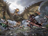 Hunters take on a winged wyvern in co-op combat in Monster Hunter Outlanders. 