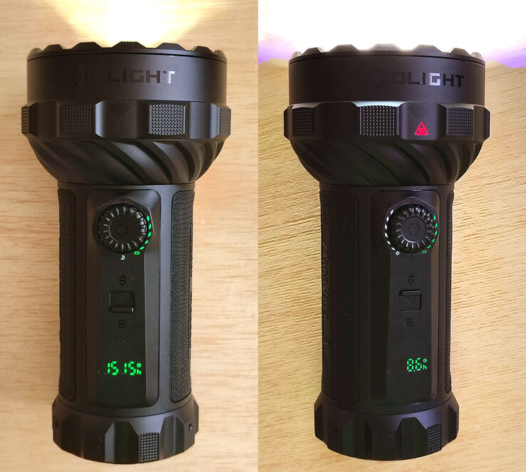 The Olight Marauder has a runtime between thousands of hours and several hours depending on its brightness. (A red, high-temperature warning icon appears when the front bezel is too hot to touch.)