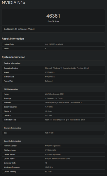Nvidia N1X Geekbench GPU performance (image source: Geekbench)