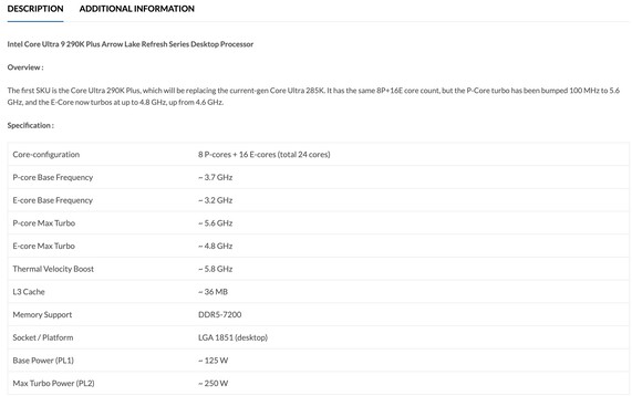 Listed specifications of the Intel Core Ultra 9 290K Plus desktop CPU. (Image source: PrimeABGB)