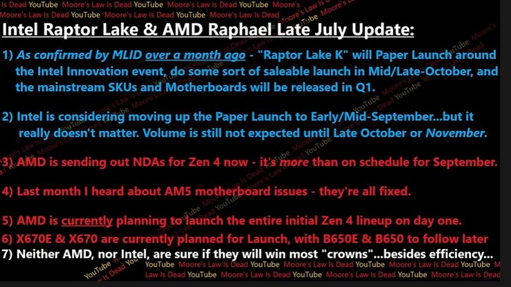 MLID leaks pertaining to Raptor Lake and Zen 4 release date. (Source: MLID)