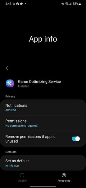 Samsung does not allow people to disable its Game Optimizing Service. (Image source: 9to5Google)