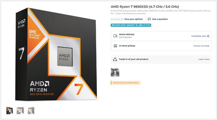 Ryzen 7 9850X3D listing. (Image Source: LDLC)