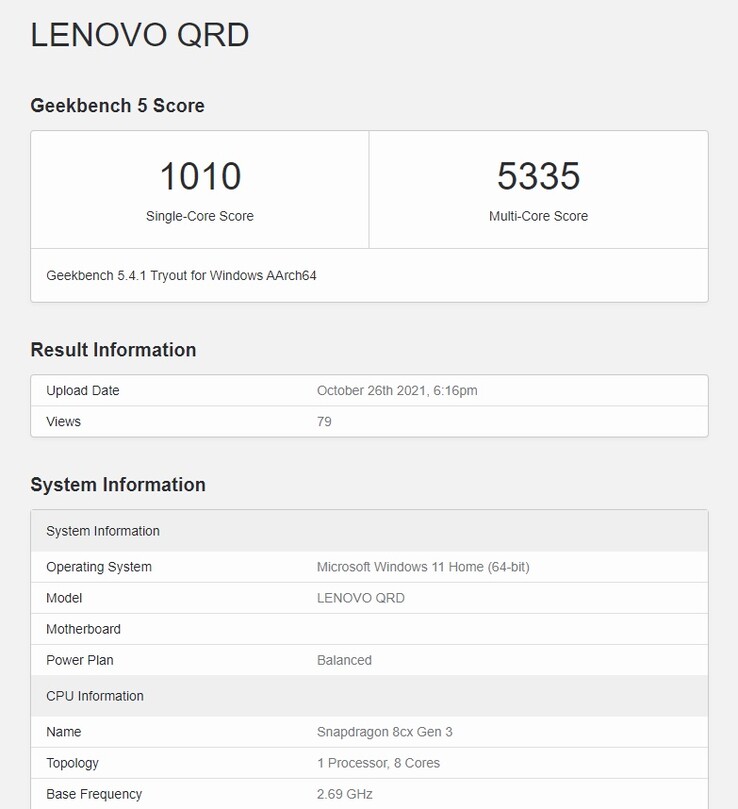 A QRD based on the 8cx Gen 3 features on Geekbench, again. (Source: Geekbench)
