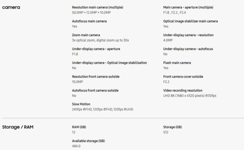 Galaxy Z Fold 6 camera and storage specs (image via Samsung)