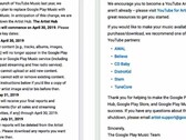 Google Play Artist Hub shutdown email (Source: 9to5Google)