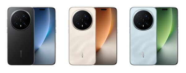 The Honor Magic 8 Pro in Black, Sunrise Gold, and Sky Cyan. (Image source: Honor)