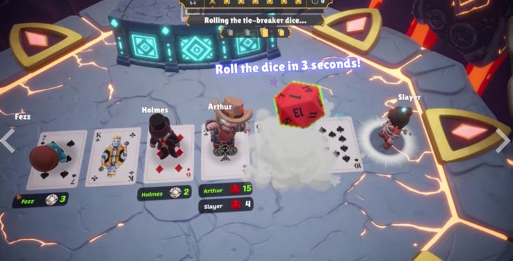 One Last Hand multiplayer gameplay showing cards and a tie-breaker dice roll