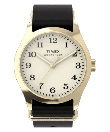 Timex Weekender New England TW2Y86600 featuring a 34mm gold-tone case, cream dial, and black leather strap.
