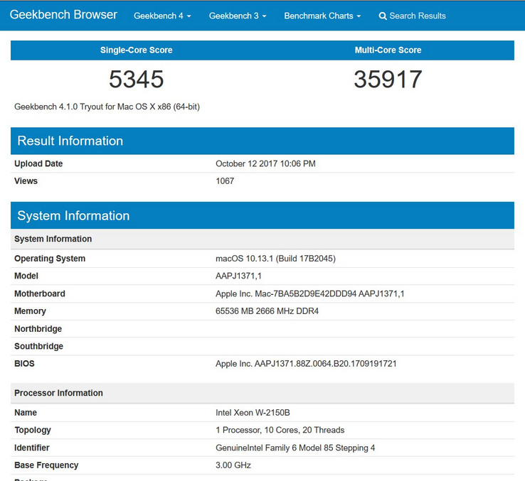 The 10-core Xeon GeekBench results (Source: GeekBench)