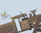 Happy Wheels gameplay showing a father and child riding a bicycle towards a large locomotive on a user-created obstacle course.