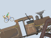 Happy Wheels gameplay showing a father and child riding a bicycle towards a large locomotive on a user-created obstacle course.