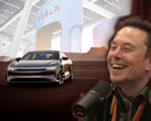 Ellon Musk took to social media to poke fun at Lucid for adopting Tesla's NACS charging hardware. (Image source: PowerfulJRE on YouTube/Tesla/Lucid - edited)
