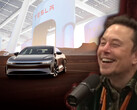 Ellon Musk took to social media to poke fun at Lucid for adopting Tesla's NACS charging hardware. (Image source: PowerfulJRE on YouTube/Tesla/Lucid - edited)