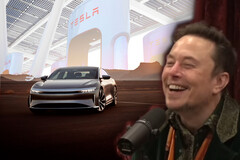 Ellon Musk took to social media to poke fun at Lucid for adopting Tesla's NACS charging hardware. (Image source: PowerfulJRE on YouTube/Tesla/Lucid - edited)