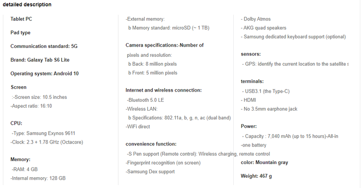 Samsung Galaxy Tab S6 Lite specs. (Machine translated - image source: Naver)