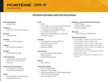 Complete specs of the Core Ultra 7 variant (Image source: Dynabook)