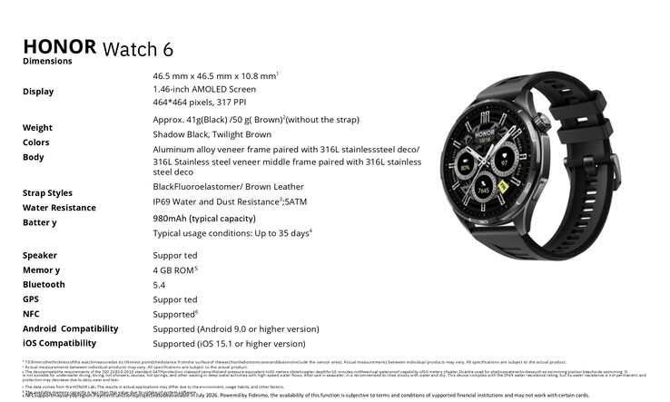 The Honor Watch 6 detailed specifications