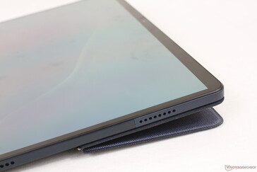 Narrow display bezels than most Chromebooks on all four sides. The back cover attaches to the tablet magnetically